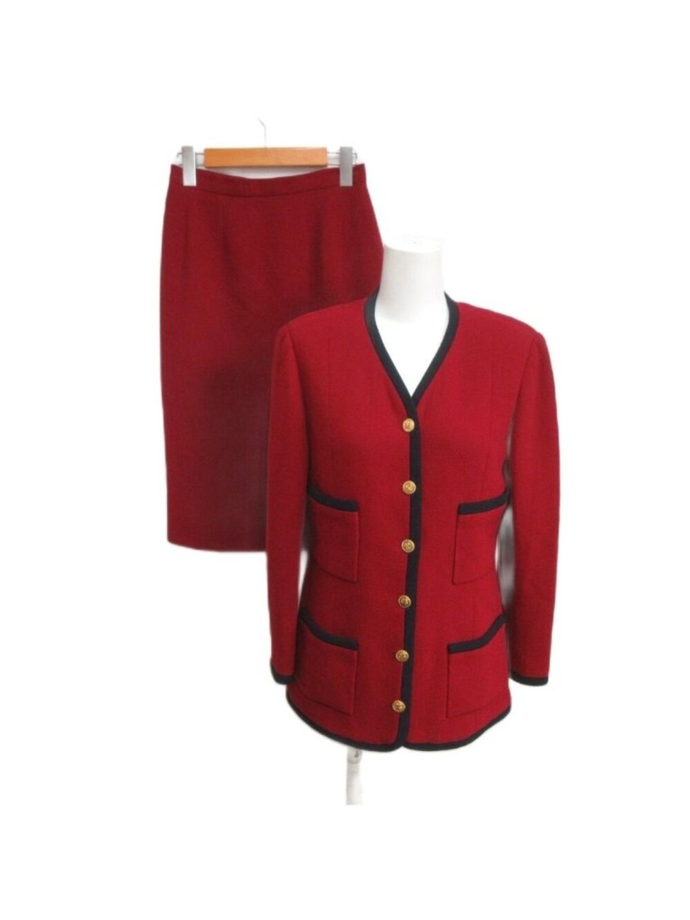 Chanel Vintage Handwritten Tag Set Jacket Pencil Skirt Gold Button 38